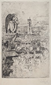 Le Stryge by Joseph Pennell, created 1893, in etching. Download this artwork as a high-resolution wallpaper for desktop, tablet, or mobile. — Art Picture