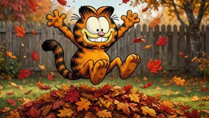 Calvin and Hobbes dive into a colorful pile of autumn leaves.