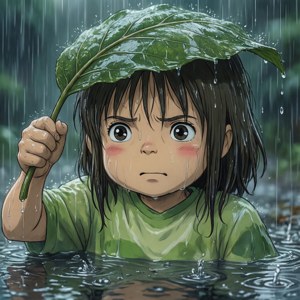 Ponyo usa uma folha como guarda-chuva na chuva.