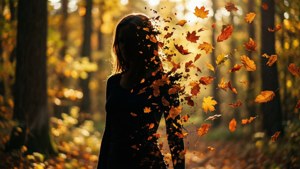 Frau, die in fallende Herbstblätter in einem sonnigen Wald zerfällt.