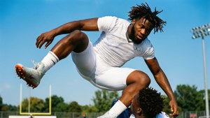 Haason Reddick springt over een tegenstander in een acrobatische vertoning van atletisch vermogen.