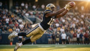 Darnell Washington springer højt for at fange en aflevering i den gyldne time.