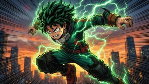 Deku springt in actie met groene bliksemschichten die zijn haar volgen tegen een stad in de schemering.