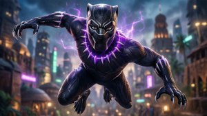 Photo d'action de Black Panther sautant avec un collier lumineux.