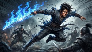 Dynamisk action-splash i luften av Jin Mu-Won med blått sverdflamme
