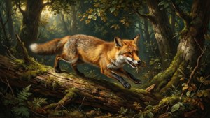 Ein Fuchs in der Luft über einem Baumstamm in einem sonnendurchfluteten Wald, der Oudrys Tierstudien hervorhebt.