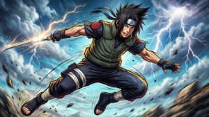 Kakashi che balza con Raikiri contro un cielo tempestoso.