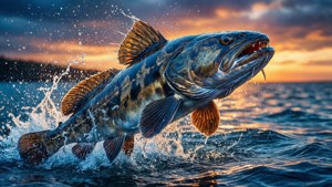 En lingcod bryter overflaten i et dramatisk solnedgangssprang.