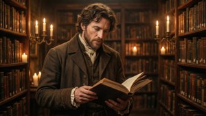 Clovis La Britannia læser i et stort bibliotek med levende lys.