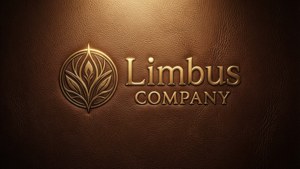 Eleganter Ledertextur-Hintergrund mit geprägtem goldenem Limbus Company-Logo.