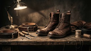 Eine Vintage-Lederwerkstatt mit Stiefeln und Werkzeugen in stimmungsvollem Sepialicht, Noir-Stil.