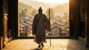 Et nostalgisk bakgrunnsbilde av Laozi som går bort fra et tempel i den gylne timen