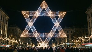 Uma Estrela de David feita de luzes LED brilha sobre uma praça da cidade.
