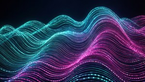Abstrakt glødende LED-bølge med teal til magenta gradient.