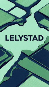 Minimalistisches typografisches Poster mit 'LELYSTAD' in fetter Schrift und geometrischen Polderformen.