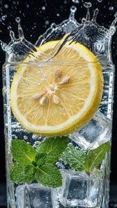 Macro of lemon slice floating in sparkling water with mint.