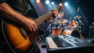 Nahaufnahme von Instrumenten von Leo/need mit Bühnenbeleuchtung, perfekt für Musikliebhaber.