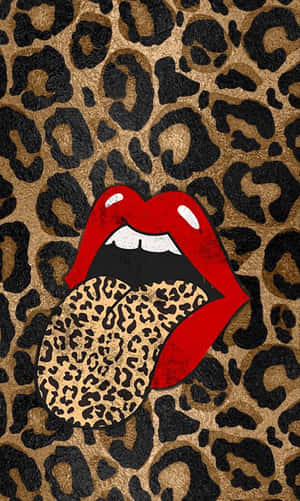 Rote Lippen mit leopardgemusterter Zunge auf Leopardenhintergrund. — Leopard Aesthetic Wallpaper