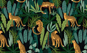 Leoparden in üppigem Dschungellaub mit lebhaften grünen und orangefarbenen Farben. — Leopard Aesthetic Wallpaper