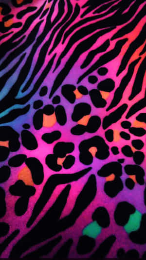 Tyg med zebra- och leopardmönster i neonrosa, lila, blått, orange och teal