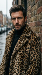 Damiano David i leopardfrakk mot en murvegg, urban mote.