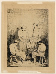 Les Éplucheurs by Théodule Ribot, created ca. 1878, in Etching on cream-colored paper. Download this artwork as a high-resolution wallpaper for desktop, tablet, — Art Picture