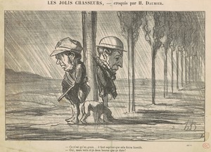 Les Jolis Chasseurs by Honoré Daumier, created 1864, in lithograph. Download this artwork as a high-resolution wallpaper for desktop, tablet, or mobile. — Honoré Daumier Wallpaper