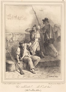 "Les Scélérats!..." by Hippolyte Bellangé, created 1830, in lithograph. Download this artwork as a high-resolution wallpaper for desktop, tablet, or mobile. — Hippolyte Bellangé Wallpaper