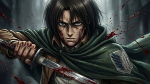 Tumma anime-piirros Levi Ackermanista taistelussa.