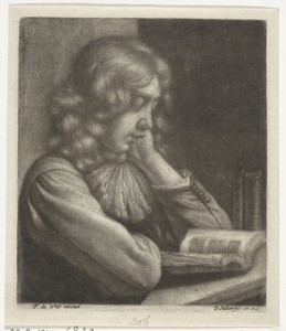Lezende jongen by Wallerant Vaillant, created 1658 - 1706, in paper; mezzotint. Download this artwork as a high-resolution wallpaper for desktop, tablet, or mob
