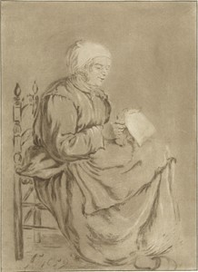 Lezende oude vrouw by Jurriaan Cootwijck, created 1760, in paper; prenttekening; hand coloring. Download this artwork as a high-resolution wallpaper for desktop — Jurriaan Cootwijck Wallpaper