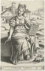 Libische Sibille by Frans Huys, created 1546 - 1562, in paper; engraving. Download this artwork as a high-resolution wallpaper for desktop, tablet, or mobile. — Frans Huys Wallpaper