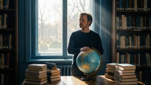 Hüllmann di perpustakaan yang diterangi matahari dengan globe.