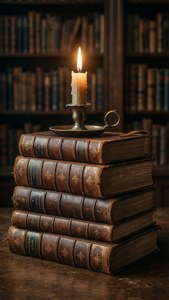 Scène de bibliothèque paisible avec bougie et vieux livres pour un fond d'écran studieux et calme.
