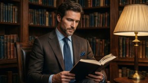 Mann i Brioni-dress lesende i bibliotek
