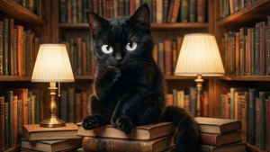 Ketnipz zittend op boeken in een warme gezellige bibliotheek