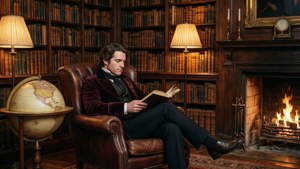 Warme Regency-Bibliotheksszene mit einem lesenden Mann am Kamin