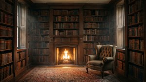Perpustakaan Spencer Mansion yang nyaman namun menyeramkan dengan api yang berderak