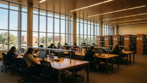 Intérieur de la Bibliothèque UTSA avec des étudiants qui étudient, calme et moderne