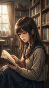 Miko Yotsuya læser i et hyggeligt bibliotek, varm belysning, anime kunst