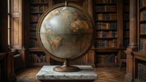En klassisk biblioteksscene med en globus for en intellektuell geopolitikk bakgrunn