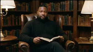 Jerry Lorenzo i ett bibliotek, läsande med en Fear of God polotröja