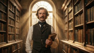 Friedrich Knolle fördjupad i ett solbelyst bibliotek, en sann bokälskare.