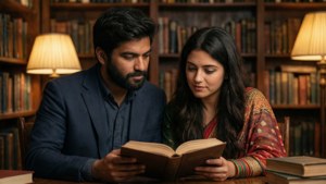 Vijay en Samantha lezen samen in een gezellige bibliotheek, warm en intellectueel.