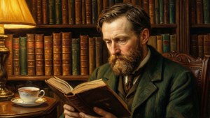 Rothenstein membaca buku di lingkungan perpustakaan yang hangat