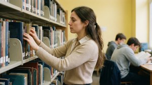 Paraprofessionel, der arrangerer bøger på et skolebibliotek