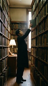 Rio Nakamura mencari buku di perpustakaan