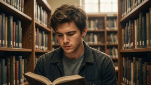 Une illustration chaleureuse d'Evan Hansen lisant dans une bibliothèque scolaire, avec des couleurs douces et une lumière chaude.