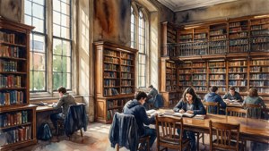 Een zacht aquarelschilderij van het interieur van de bibliotheek van Imperial College met studenten die lezen in warm natuurlijk licht