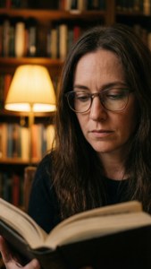 Kvinne med briller som leser en bok i et varmt opplyst bibliotek med bokhyller.